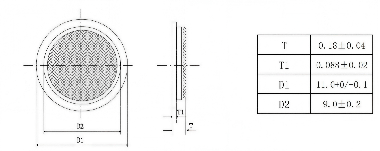 FT‑11T‑7.8A1 piezoelectric element front and side view showing brass substrate and silver electrode